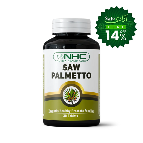 A bottle of NHC Nutrix Health Care Saw Palmetto dietary supplement with a white cap and a white, green, and gold label, shown on a white background with a green promotional sale badge in the top right corner.