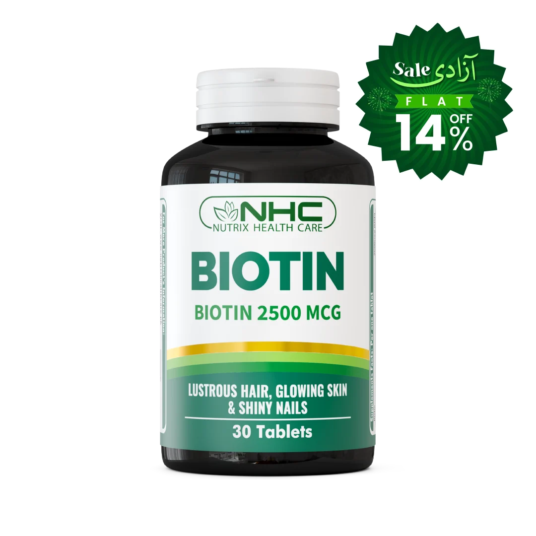 A bottle of NHC Biotin 2500 MCG tablets on a white background, featuring a green promotional sale badge in the top right corner.