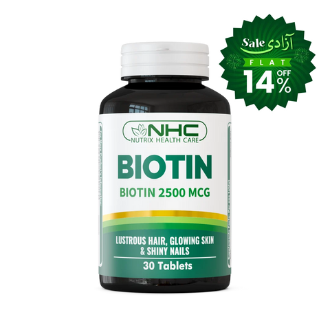 A bottle of NHC Biotin 2500 MCG tablets on a white background, featuring a green promotional sale badge in the top right corner.