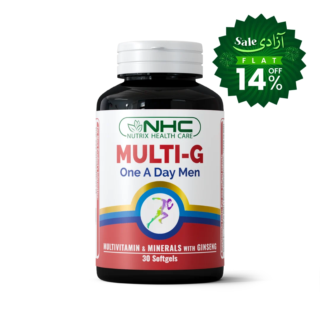 A bottle of NHC Multi-G One A Day Men multivitamin and minerals softgels, shown on a white background with a green promotional sale badge in the top right corner.