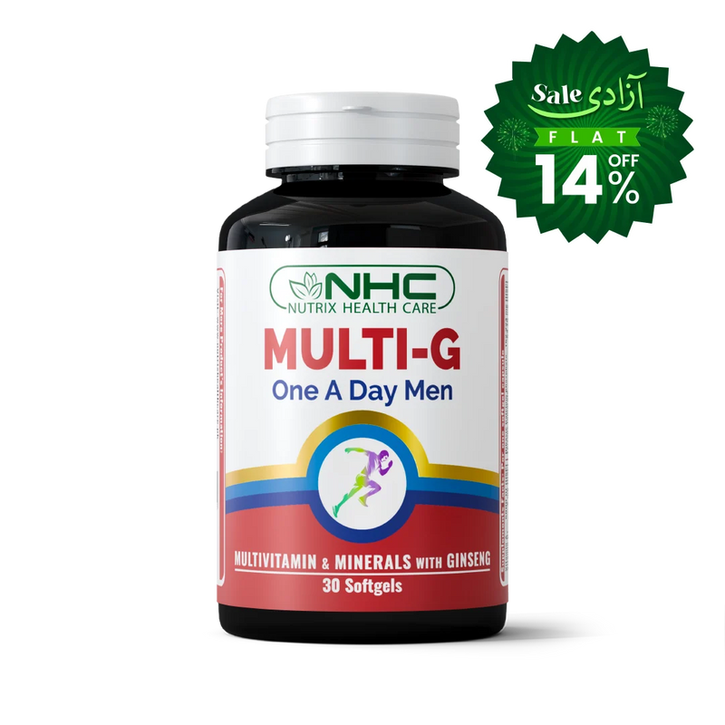 A bottle of NHC Multi-G One A Day Men multivitamin and minerals softgels, shown on a white background with a green promotional sale badge in the top right corner.