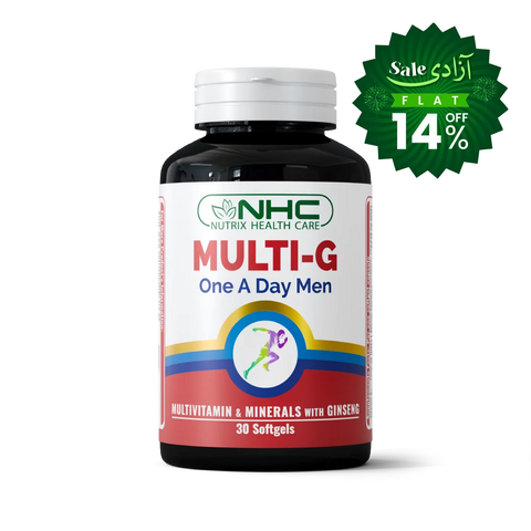 A bottle of NHC Multi-G One A Day Men multivitamin and minerals softgels, shown on a white background with a green promotional sale badge in the top right corner.