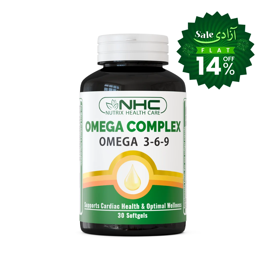 NHC Nutrix Health Care Omega Complex supplement bottle with a white cap and white label featuring green and yellow branding, shown on a white background with a green sale badge in the top right corner.