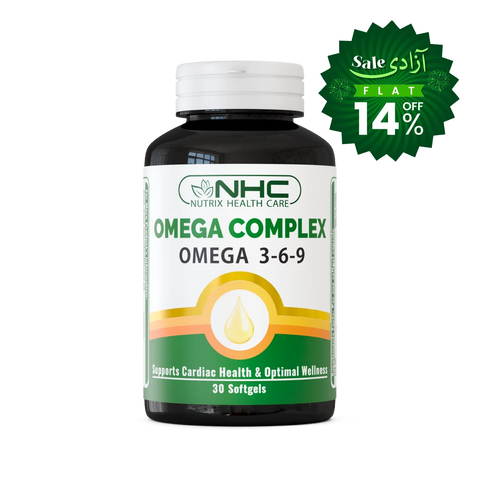 NHC Nutrix Health Care Omega Complex supplement bottle with a white cap and white label featuring green and yellow branding, shown on a white background with a green sale badge in the top right corner.