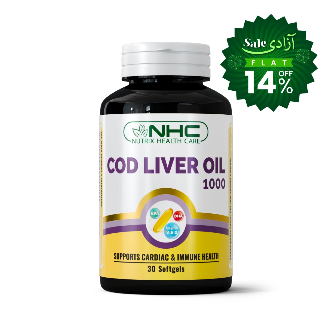 A bottle of NHC Nutrix Health Care Cod Liver Oil 1000, 30 softgels, shown on a white background with a green promotional sale sticker overlay in the top right corner.