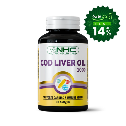 A bottle of NHC Nutrix Health Care Cod Liver Oil 1000, 30 softgels, shown on a white background with a green promotional sale sticker overlay in the top right corner.