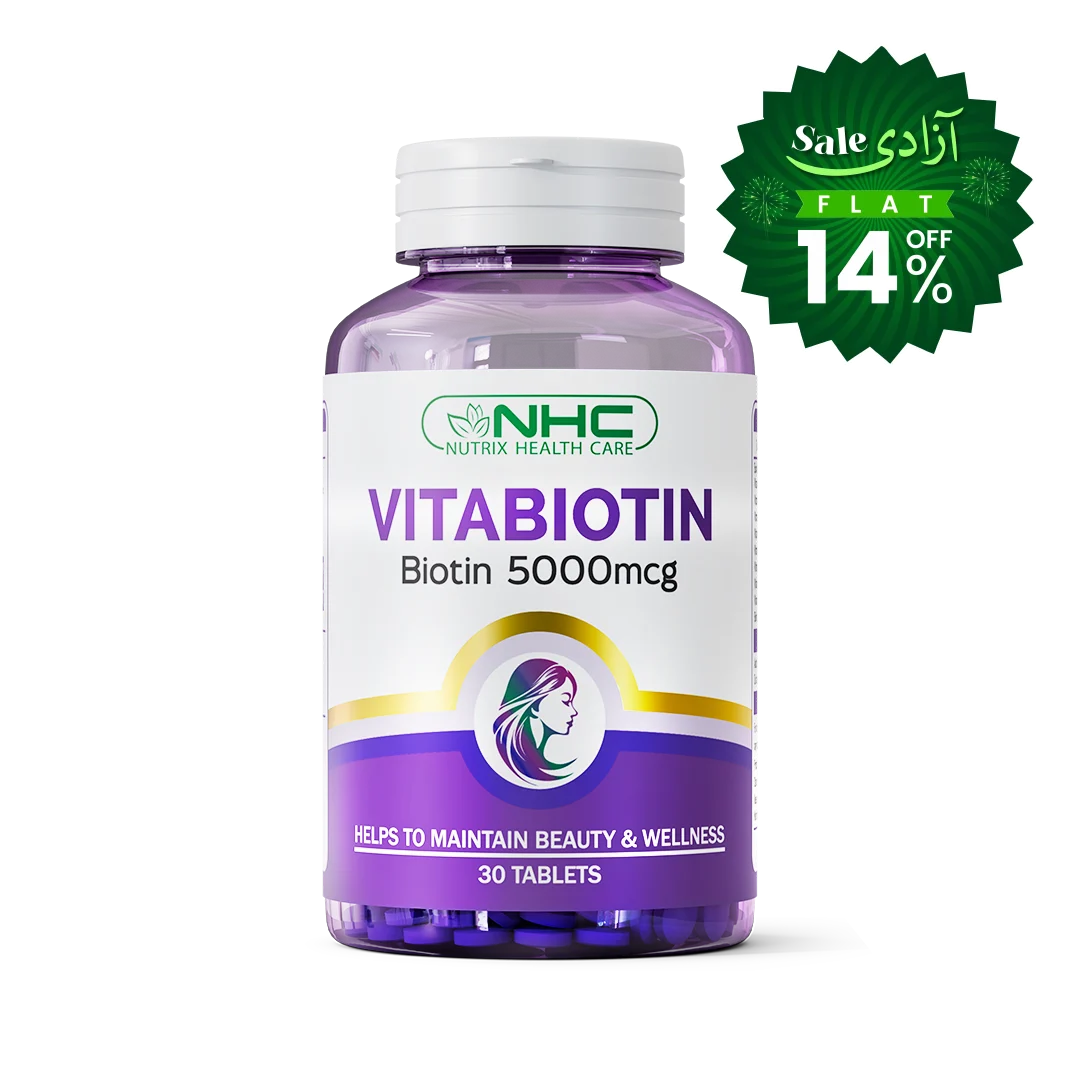 A bottle of NHC Vitabiotin Biotin 5000mcg dietary supplement with a purple cap and white label, featuring a green promotional sale badge in the upper right corner.