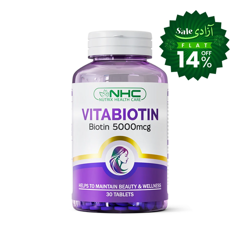 A bottle of NHC Vitabiotin Biotin 5000mcg dietary supplement with a purple cap and white label, featuring a green promotional sale badge in the upper right corner.